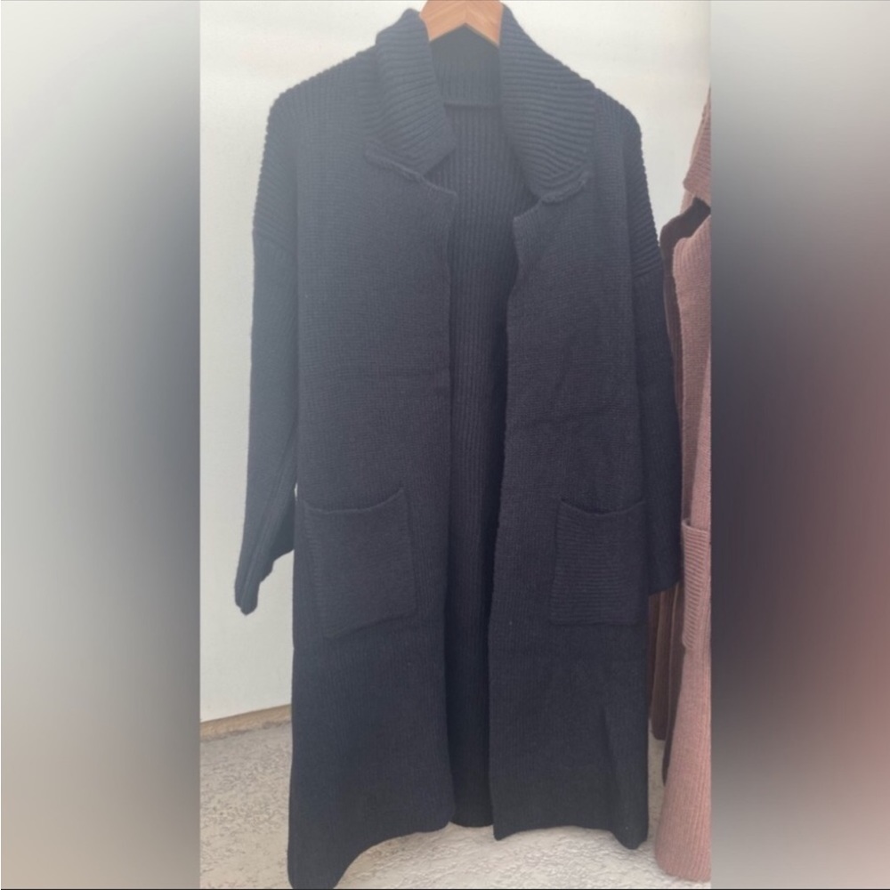 Chunky Below the knee Rib Belted With Pockets Black Cardigan Coat - Picture 9 of 14